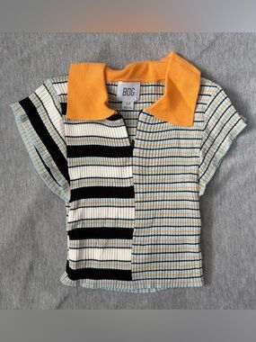 BDG Striped Crop Top in Black, Cream, Light Blue & Yellow Collar